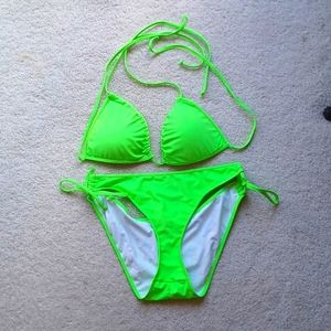 Women's Tie Side Bottom Triangle Bikini Swimsuit Neon Green String Bikini